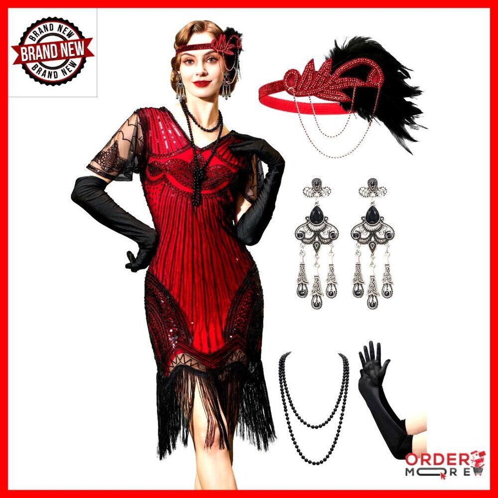 1920s Flapper Dress with Beaded Sleeves, Fringe Hem, Accessories Set